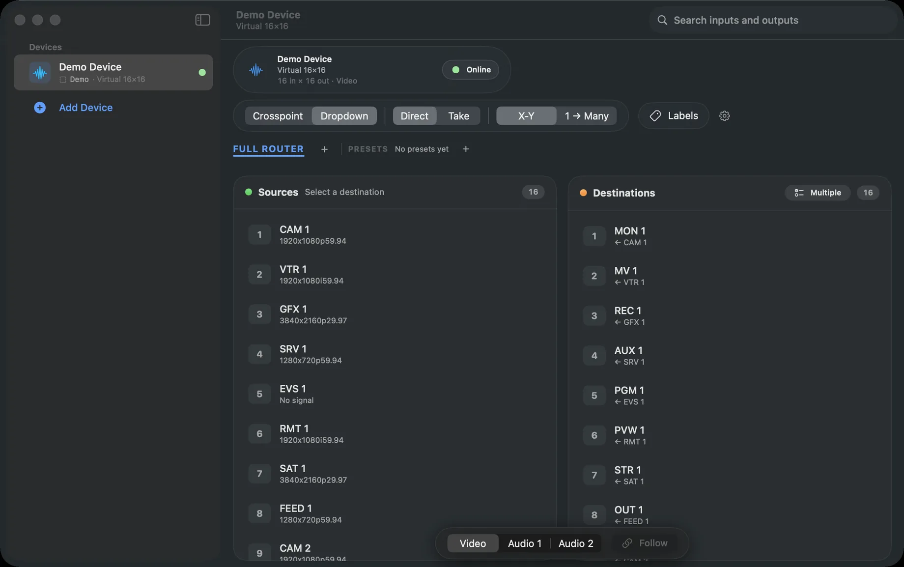 RTR Control's Dropdown routing view: sources with their input resolutions on the left, destinations with their current feeds on the right