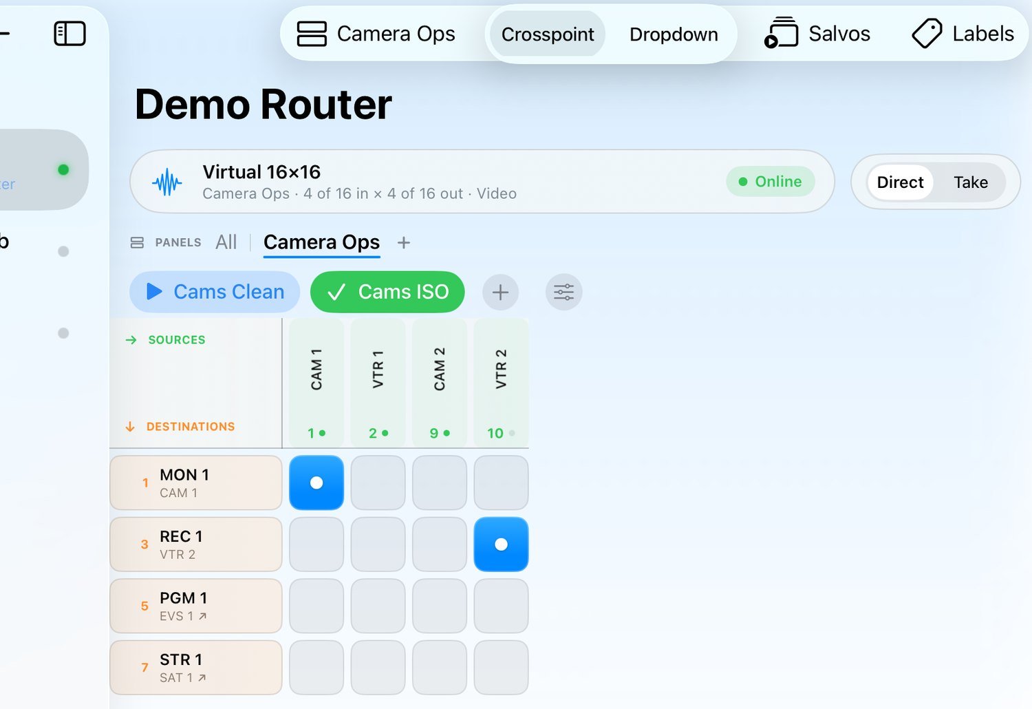 A Camera Ops virtual panel in light mode with its own salvo buttons