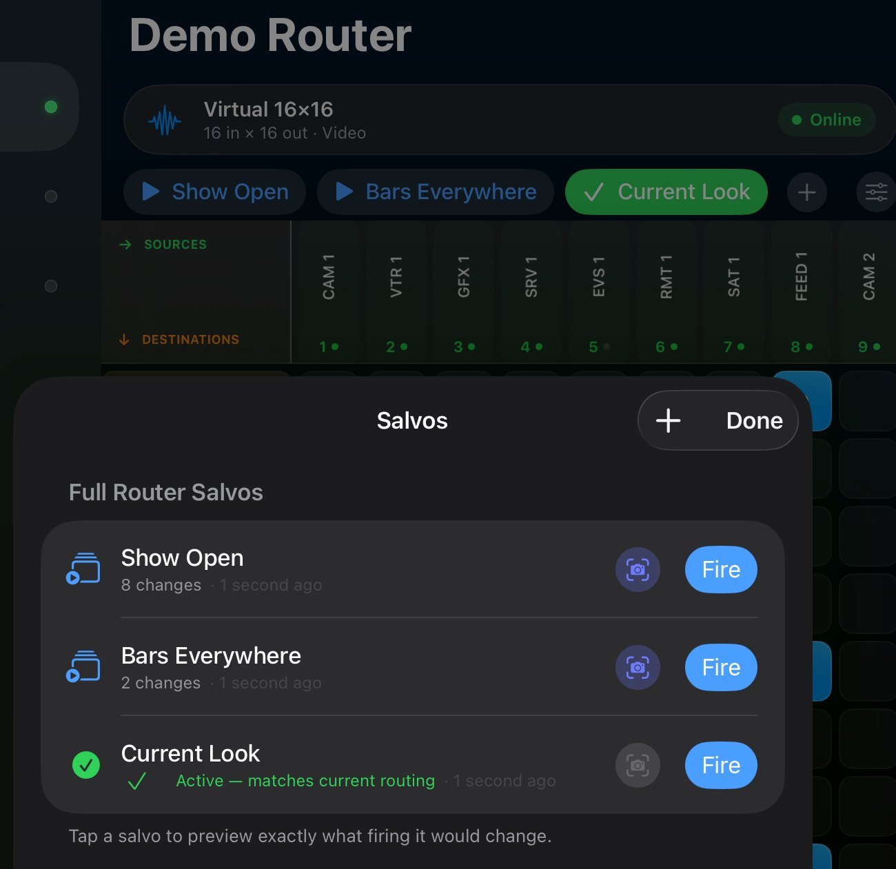Salvo manager in dark mode showing live diffs against the current routing