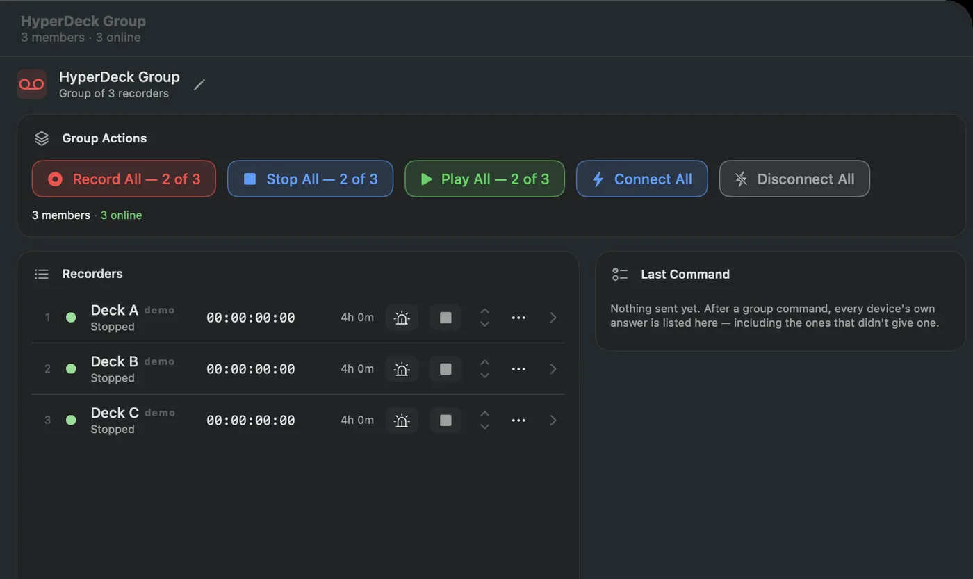 A HyperDeck group panel with Record All, Stop All and Play All, and each deck listed with its transport state and timecode